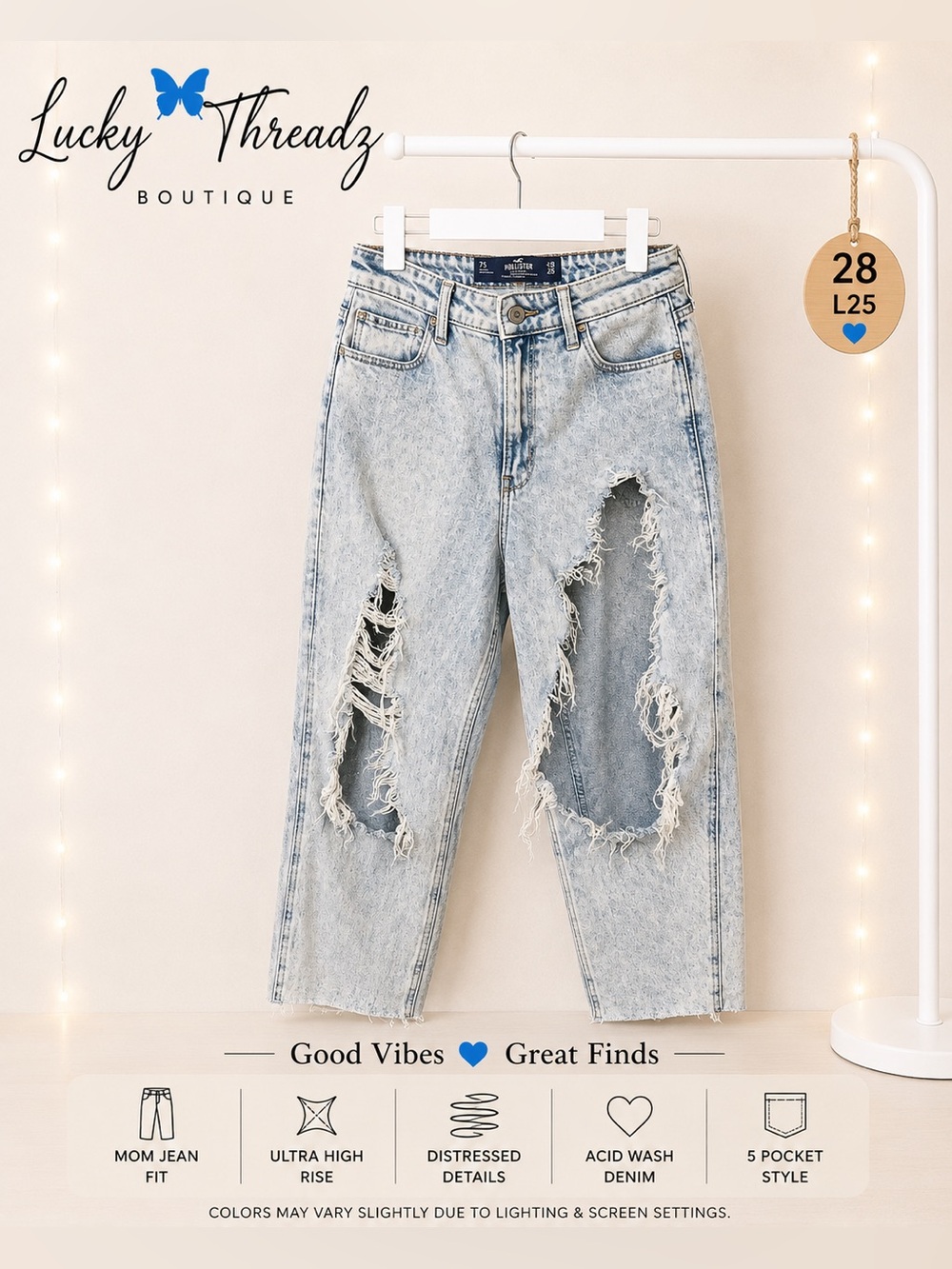 Hollister Ultra High Rise Mom Jeans Acid Wash Distressed W28 L25